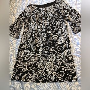 Talbots black/white paisley dress, 3/4 length sleeves, size 16P.